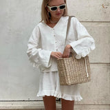 Woherb Women's Summer New Set Beige Long Sleeve Loose Casual Shirt High Waist Shorts Two-Piece Set-Outfit
