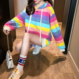 Women Leisure Rainbow Trendy All-match Hooded Korean Style Long Sleeve Striped Harajuku Young Ladies Fashion Soft