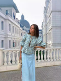 Fashion Casual Plaid Hollow Out Strap Double Bubble Sleeve Shirt Women's Top-Outfit