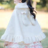 Winter Kawaii Lolita Woolen Shawl Coat Women Sweet Bow Bunny Ears Heart Shaped Button Capes Plush Warm Poncho Outerwear-Outfit