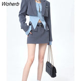Winter Elegant Two Piece Skirt Set Women Patchwork Designer Mini Skirt Suit Female Office Lady Casual Long Sleeve Skirt Set-Outfit