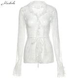 Autumn Sexy See Through Fashion Casual Slim Top Women White Lace Long Sleeve V Neck Clothing Lady T Shirt Solid