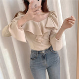 Ruffled Tops And Blouses Autumn Fall Basic Wear Flare Sleeve Chic Korean Fashion Shirts Black Off Shoulder Women Top