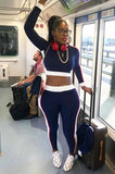 Color Blocking patchwork Long Sleeve Crop Top and Match Pants 2 Piece Set Jogger
