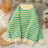 Women Sweater O Neck Pullover Chic Thicken Striped Sweaters Winter Clothes Sweet Jumper Leisure Loose Knitwear-Outfit