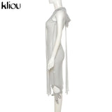 Kliou Knitted Dress Women Sexy See Through X-Long Hoody Tops+One Shoulder Drawstring Ruched Robe Skirt Hipster Future
