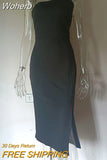 Elegant Strapless Asymmetrical Black Bodycon Summer Dresses For Women 2023 Sexy Blackless Split Spaghetti Party Midi Dress-Outfit
