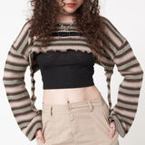 Vintage Stripe Knitting Crop Top Grunge Aesthetic 90 00s T-Shirts Hollow Out Y2k Pullovers Long Sleeve Top Streetwear-Outfit