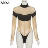 Kliou Mesh Patchwork Bodysuit Women Sexy See Through Halter Backless Panelled One Piece Female Elastic Summer Swimsuit