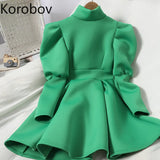 2020 New Women Dress Korean Stand Collar Puff Long Sleeve Feamle Dresses Vintage Office Lady Zipper A-Line