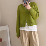 Woherb Waxy Gray Round Neck Sweater Knit Cardigan Coat Women's New Autumn And Winter With A Short Zipper Small Jacket-Outfit
