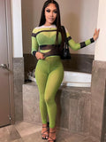Sexy O-Neck Full Sleeves High Waist Color Blocking Mesh Skinny Two Piece Pants