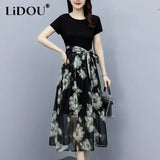 Summer Oversized Fake Two Pieces Patchwork A-line Dress Women Short Sleeve Casual Fashion Robe Floral Print Long Dresses-Outfit