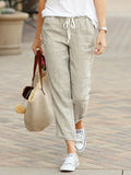 2022 Spring New Trousers Solid Color Cotton Linen Style Loose Casual Plus Size Drawstring Elastic Women