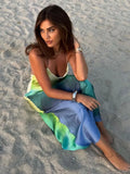 Contrast Color Silk Texture Midi Dress For Women Chic V-necked Off Back Sleeveless Vestidos 2023 Fashion Female Beach Robes-Outfit