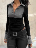 Vintage Stripe Splice Polo Neck Long Sleeve