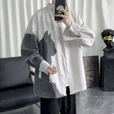 Harajuku Men Shirts Long Sleeve Cat Print White Loose Hong Kong Style Retro Autumn Thin Blouse Male Shirt Korean Fashion