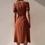 Elegant Square Collar With Button Summer Midi Dresses For Women 2023 Vintage Short Sleeve Slim Sexy Party Dress Vestidos-Outfit