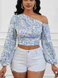 Women's Short Blue Broken Flowers With Asymmetric Shoulder Bubble Sleeve Shirt Autumn Women's