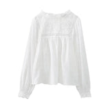 ZRN-Women's Floral Embroidery Blouse With Lace, O Neck, Long Sleeve, Female Shirts, Chic Tops, Fashion-Outfit