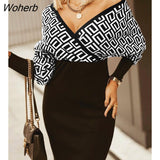 Plus Size Elegant Dress Women Fashion Casual Slim V Neck Long Sleeve Backless Plaid Print Knitted Dress Women-Outfit