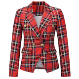 Autumn Women Checked Blazer Casual Fashion Button Cropped Long Sleeve Jacket Elegant Chic Blue Female Office Suit