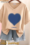 100% Cotton L-6XL T Shirt Plus Size Tshirt Short Sleeve Women Top Summer Heart Print Couple V Neck Oversized T Shirts-Outfit