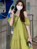 Dresses Women Temper Off Shoulder Solid Sweet French Style Chic A-line Summer Lazy Girlish Casual Vestidos Popular Holiday-Outfit