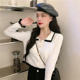 Cardigans French Style Peter Pan Collar Patchwork Stringy Selvedge Fashion Pearls Single Breasted Tender Elegant Lady