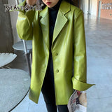 Casual Pu Coat For Women Notched Loose Long Sleeve Single Breasted Patchwork Pockets Coats Female 2021 Autumn