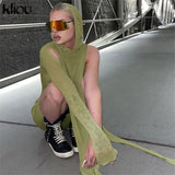 Kliou Knitted Dress Women Sexy See Through X-Long Hoody Tops+One Shoulder Drawstring Ruched Robe Skirt Hipster Future