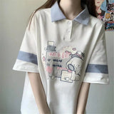 Print Polo Shirt Girl Harajuku Japan Cute Summer Patchwork T Shirt For Girl Kawaii Punk Loose Student Funny Clothes