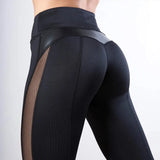 Solid High Waist Fitness Legging Women Heart Workout Leggins Femme Fashion Mesh And PU Leather Patchwork