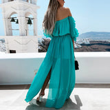 hirigin Women Slash Neck Split Floor Length Ruffle Long Dress Lace Up Casual Beach Solid Color Style Dress Summer Vestidos