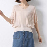 Fashion Ladies Casual Bat Sleeve Ice Silk Knitted T-shirt Oversized V-neck Loose Pullover Top Women Elegant Simple Tees-Outfit