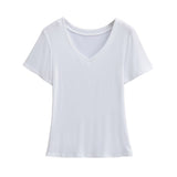 Trend Women's Wear Pure Wind Summer Drooping Feeling Shoulder Waist V-Collar Short Sleeves Thin T-Shirt Plain Color Simple Blouse-Outfit
