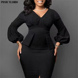 Bodycon Midi Dress African Dresses for Women 2023 Daily Elegant High Waist Bandage Puff Sleeve Robe Femme African Clothes-Outfit