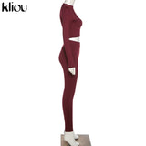 Kliou fashion tracksuit women turtleneck full sleeveless crop top+leggings matching set stretchy sporty fitness casual