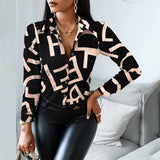 Women Fashion Shirt Lady Long Sleeve Blouse Turn-down CollarButton Design Print Casual
