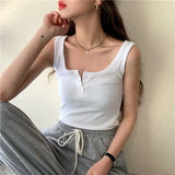 Colors Tanks Women Solid Basic Button Korean Style Chic Trendy Popular Leisure All-match Streetwear Female Crop Top Summer