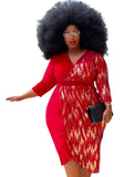 Romantic V-neck Three Quarter Sleeves Patchwork Sequined Midi Asymmetrical Plus Size Party
