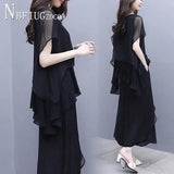 Summer Plus Size Chiffon Women Sets Blouse And Wide Leg Pants Female