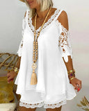 Lace Cold Shoulder Flowy Top & Shorts Set Women New Spring Summer Hollow Out Tops High Waist Shorts Pants-Outfit