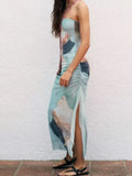 2023 Women Summer Skirts Fashion Print Pleated Split Mesh Fabric Elasticity Female Slim Mid-Calf Elegant Skirt Clothing-Outfit