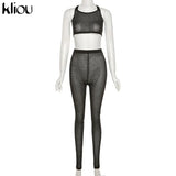 Kliou Sexy Sleeveless Cross Top And Pants Two Piece Set Women Solid Club Outfits Midnight Party Wear See Through Skinny