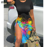 Women Ink Splash Print High Slit Dress 2022 Femme Sexy Drawstring Ruched Midi Skinny Robe Lady traf Basic Clothing Vestidos-Outfit