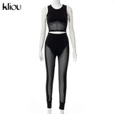 Kliou High Street Two Piece Set Women Scratching Shape Mesh Sleeveless Short Top+Sexy Sheath Slim High Waist Female
