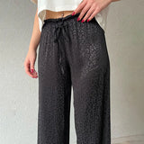 Black Pants Women Fashion Lace-up Loose Trousers Ice Silk Casual Leopard Print Retro High Waist Straight Pants Streetwear-Outfit