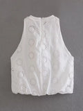 2023 Women Summer Blouses Shirts Tops Sweet White Hollow Out Embroidery Sleeveless Female Elegant Street Short Top Cloth-Outfit
