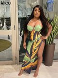 Kliou Aesthetic Print Maxi Dresses Women Fashion Sleeveless Lace up Backless Cleavage Body-Shaping Robe Partywear Female
